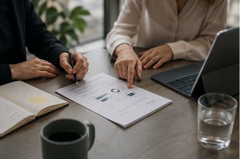 Two colleagues discussing the findings of a pay analysis using a report.