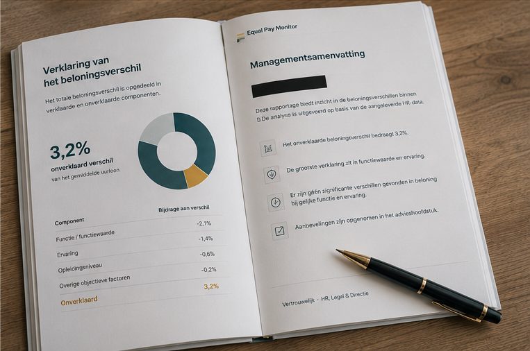 Detail page of an Equal Pay Monitor report showing the explanation of the pay gap and an executive summary.