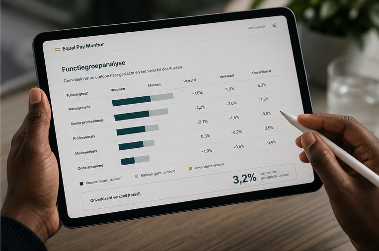 iPad showing the Equal Pay Monitor analysis: pay gap by job group, split into explained and unexplained components.